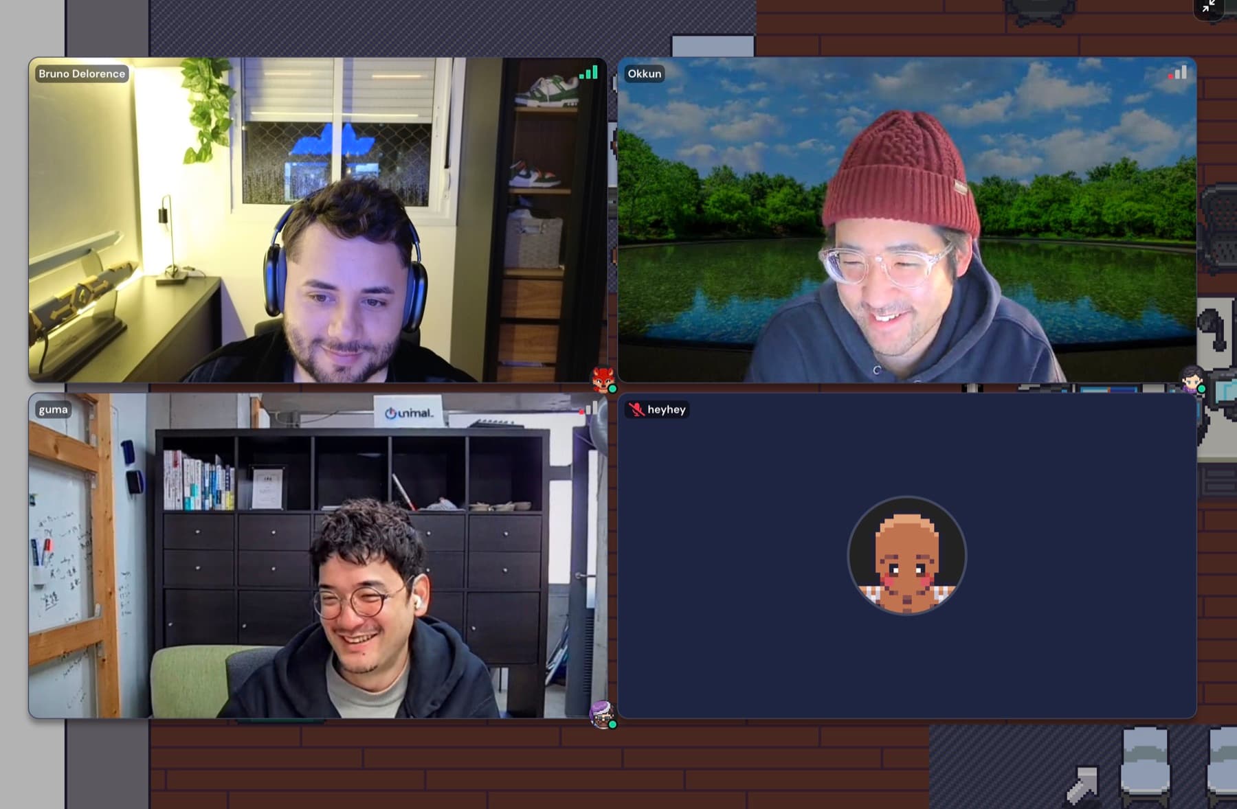 Bruno Delorence and the Workbench team in a video call on Meet, smiling, in February 2025