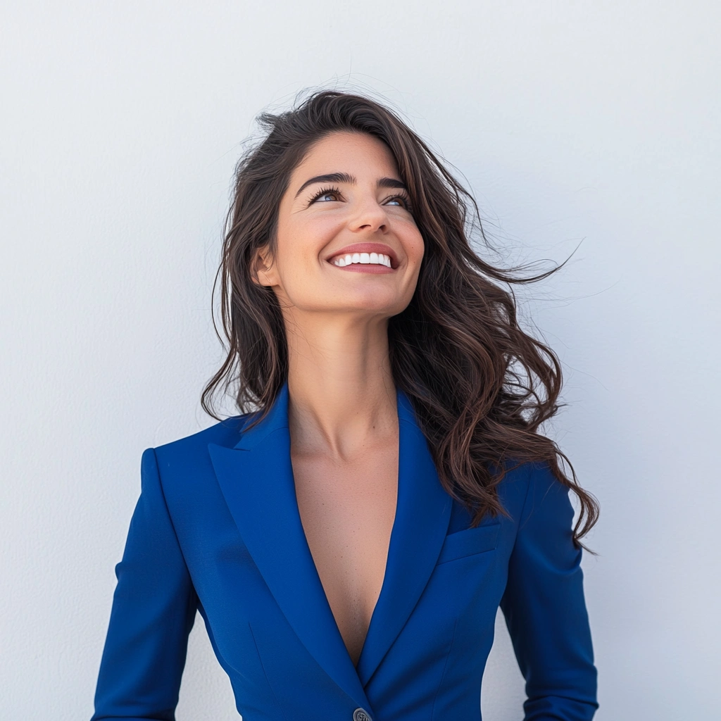 A smiling woman in a blue blazer looking up